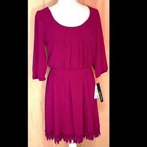 Sequin Hearts Raspberry Pink Dress Lace Trim Hem - NWT